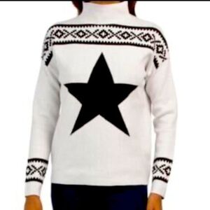 Tahari Cream, Black Star 🌟 Ski Sweater Cozy Mock Turtleneck Aztec Geometric M